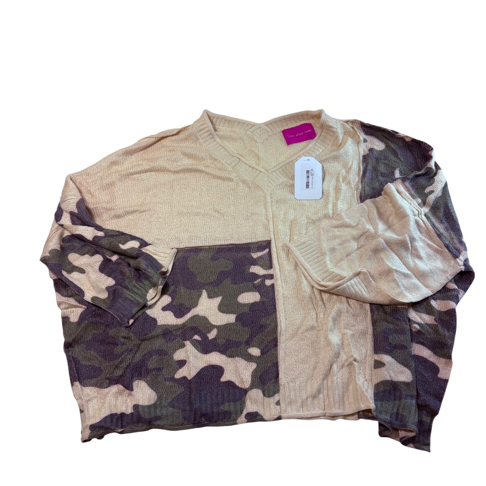 Time After Time Womens‎ Beige Camo Colorblock V-Neck Oversized Sweater OS NWT